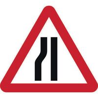 Road narrows nearside roll-up traffic sign