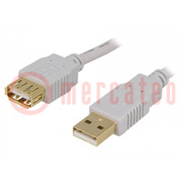 Cable; USB 2.0; USB A socket,USB A plug; gold-plated; 1.8m; grey