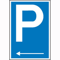 Parkplatzschild Symbol: P mit Richtungspfeil links, Alu geprägt, Größe 40x60 cm