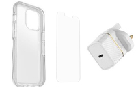 OtterBox Symmetry Clear + Alpha Glass Anti-Microbial + UK USB-C Wall Charger 20W Series voor Apple iPhone 13 Pro, transparant