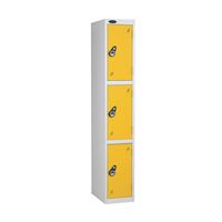 Probe keyless coloured lockers with combination lock, white body, 3 yellow doors, 305mm