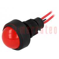 Controlelampje: LED; bol; rood; 230VAC; Ø13mm; IP20; draden 300mm