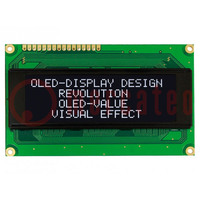 Display: OLED; alphanumeric; 20x4; Dim: 98x60x10mm; white; PIN: 16