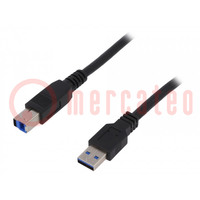 Cable; USB 3.0; USB A plug,USB B plug; nickel plated; 1m; black