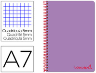 CUADERNO ESPIRAL LIDERPAPEL A7 MICRO WONDER TAPA PLASTICO 100H 90 GR CUADRO 5MM 4 BANDAS COLOR VIOLETA