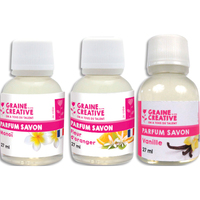 GRAINE CREATIVE Lot de 3 parfums pour savons de 27 ml - Parfums monoï, fleur d'oranger et vanile - produit supprimé à épuisement du stock