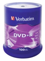 1x100 Verbatim DVD+R 4,7GB 16x Speed, mat zilver