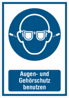 Kombischild - Augenschutz und Ohrstöpsel benutzen, Blau, 18.5 x 13.1 cm, Weiß