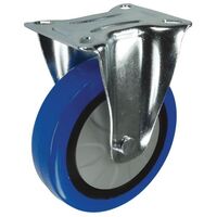 Nylon centre, blue rubber tyred wheel, plate fixing - fixed