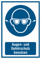 Kombischild - Augenschutz und Ohrstöpsel benutzen, Blau, 37.1 x 26.2 cm, Weiß