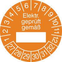 Prüfplaketten Elektr. geprüft gemäß..., in Jahresfarbe,15 Stk/Bogen, selbstkl., 2,5cm Version: 27-32 - Prüfplakette - Elektr. geprüft gemäß 27-32