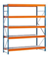 GR, Weitspannregal mit Stahlpaneelen W 100, 3000 x 2500 x 1000 mm, blau/orange/verzinkt, 5 Ebenen, Fachlast 820 kg