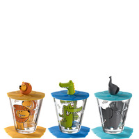 LEONARDO Trinkglas BAMBINI Set aus 3 Gläsern für Kinder, inkl. Untersetzer und Deckel, verschiedene Tiermotive, Junge, Ø 9 cm, 215 ml, 034804Freisteller