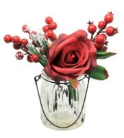 Artificial Silk Christmas Rose with Berries Arrangement - 20cm, Red