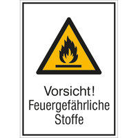 Vorsicht! Feuergefährliche Stoffe Warnschild, selbstkl. Folie, 13,10x18,50cm DIN EN ISO 7010 W021 + Zusatztext ASR A1.3 W021 + Zusatztext