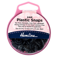 Hemline KAM Plastic Snaps: 25 x 12.4mm Sets: Black 1 x Pack consists of 5 Individual sales units