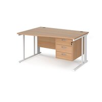 Maestro 25 left hand wave desk 1400mm wide with 3 drawer pedestal - white cable managed leg frame, beech top