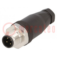 Connector: M12; stekker; PIN: 4; mannelijk; voor draad; IP67; recht