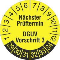Prüfplakette, Nächster Prüftermin DGUV Vorschrift 3, 1000 Stk/Rolle, 1,5 cm Version: 2029 - Prüfjahre: 2029-2034, gelb/schwarz
