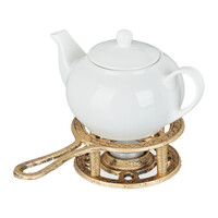 Relaxdays Stövchen, für Tee- & Kaffeekannen, Gusseisen, für 1 Teelicht, antikes Design, rustikaler Teewärmer, gold