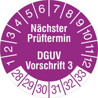 Prüfplakette, Nächster Prüftermin DGUV Vorschrift 3, 1000 Stk/Rolle, 3,0 cm, v/w, Folie Version: 2028 - Prüfjahre: 2028-2033