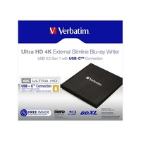 VERBATIM Blu-ray író, (külső meghajtó), 4K Ultra HD, USB 3.1 GEN 1 USB-C, "Slimline"