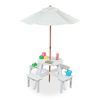 Relaxdays Kindersitzgruppe für draußen, runde Tischplatte, für 4 Kinder, Garten Picknicktisch mit Schirm, Holz, weiß
