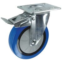 Nylon centre, blue rubber tyred wheel, plate fixing - swivel with total-stop brake