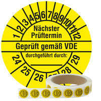 Prüfplaketten 20 mm, Geprüft gemäß VDE / Nächster Prüftermin / durchgeführt durch, 2024-2029, Polyethylen schwarz-gelb, 1.000 Prüfetiketten auf Rolle