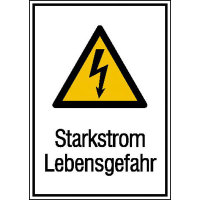 Starkstrom Lebensgefahr Warnschild, selbstkl. Folie , Größe 13,10x18,50cm DIN EN ISO 7010 W012 + Zusatztext ASR A1.3 W012 + Zusatztext