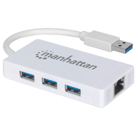 Manhattan USB-A auf 3-Port Hub mit Gigabit-Ethernet-Netzwerkadapter, Drei USB 3.0 Hub-Ports mit 5 Gbit/s; ein 10/100/1000 Mbit/s Netzwerk-Port für UltraBooks™ und MacBooks