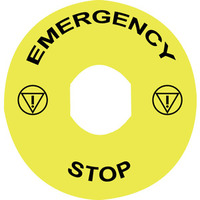 Schild, rund, gelb, Ø 90mm -Beschriftung EMERGENCY STOP