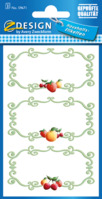 Marmeladen-Etiketten, Papier, grüner Rahmen, Obst, bunt, 9 Aufkleber