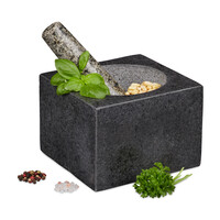 Relaxdays Mörser mit Stößel, Granit, poliert, für Gewürze & Kräuter, 500 ml, Steinmörser BxT: 14,5 x 14,5 cm, dunkelgrau