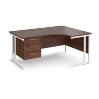 Maestro 25 right hand ergonomic desk 1600mm wide with 3 drawer pedestal - white cantilever leg frame, walnut top