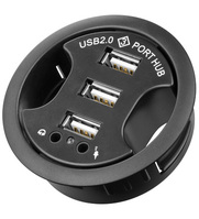 USB 2.0 Hub 3-Port + 2 x 3,5mm Audio-Buchsen zum Einbau in Schreibtisch-Kabeldurchführungen