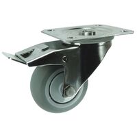 Stainless steel, grey rubber tyred wheel, plate fixing, medium duty - swivel with total stop