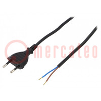 Kábel; 2x0,75mm2; CEE 7/16 (C) dugó,vezetékek; PVC; 5m; fekete