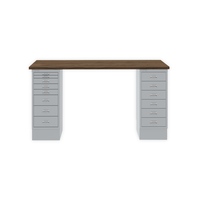 MultiDesk, 1 MultiDrawer mit 6 Schüben, 1 MultiDrawer mit 8 Schüben, Dekor Nussbaum, Farbe Silber, Maße: H 740 x B 1400 x T 600 mm