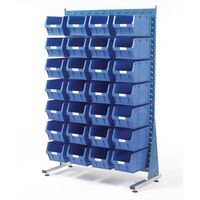 Double-sided louvre panel racks, with 56 blue bins