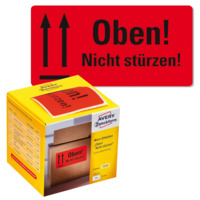 "Warn-Etiketten Aufdruck ""Oben! Nicht stürzen!"" im Kartonspender, 100 x 50 mm, 1 Rolle/200 Etiketten, neonrot"