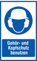 Würfel-Schild - Gehör- und Kopfschutz benutzen, Blau, 40 x 25 cm, PVC, Weiß