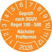 Prüfplakette, Geprüft nach DGUV Regel 100-500, 15 Stk/Bogen,Größe: 3,0 cm Version: 2028 - Geprüft nach DGUV Regel 100-500, 2028