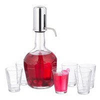 Relaxdays Wasserspender Set, Getränkespender mit manueller Pumpe, 6 Trinkgläser, Cocktailspender 2,4l, Glas, transparent