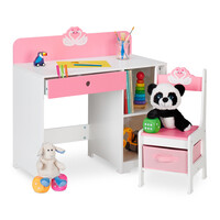 Relaxdays Schreibtisch und Stuhl für Kinder, Schublade & 2 offene Fächer, Schwan-Motiv, Kinderzimmermöbel, rosa/weiß