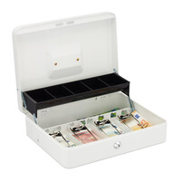 Relaxdays Geldkassette abschließbar, Münzeinsatz & 4 Scheinfächer, Geldkasse Eisen, HxBxT: 8,5 x 30,5 x 24,5 cm, weiß