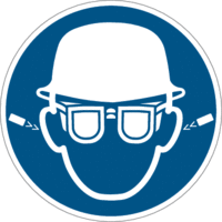 Kombischild - Ohrstöpsel, Augen- und Kopfschutz benutzen, Blau, 20 cm, Weiß