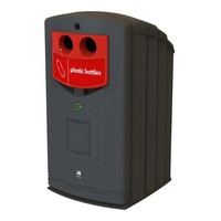 Envirobank Recycling Bin with Hole Apertures - 240 Litre - Signal Red - Brown Aperture with Brown Glass Bottles & Jars Label