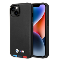 CG MOBILE BMW ÉTUI DE TÉLÉPHONE POUR IPHONE 14 POUCES NOIR AVEC LIGNES DE FOND TRICOLORES, COLLECTION M EN CUIR SYNTHÉTIQUE, ÉTU