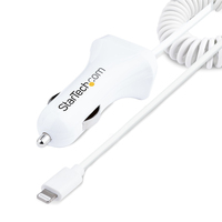StarTech.com Chargeur Voiture Lightning avec Câble Spiralé - Chargeur Iphone 1m - Double Chargeur USB pour Telephones et Tablettes pour la Voiture - Chargeur Auto Blanc de 12W